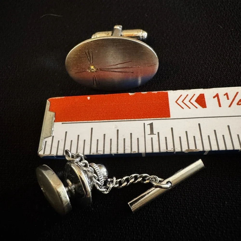 VTG Anson Cufflinks And‎ Tie Tack Sterling Silver And Diamond Cross Oval Shape